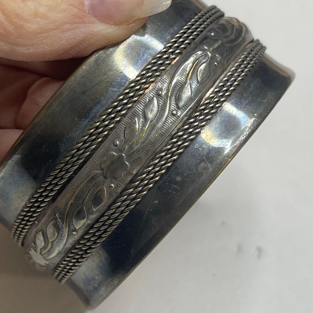 cuff bracelet burnished silver tone vintage or vintage look metallic gray boho - Picture 5 of 9